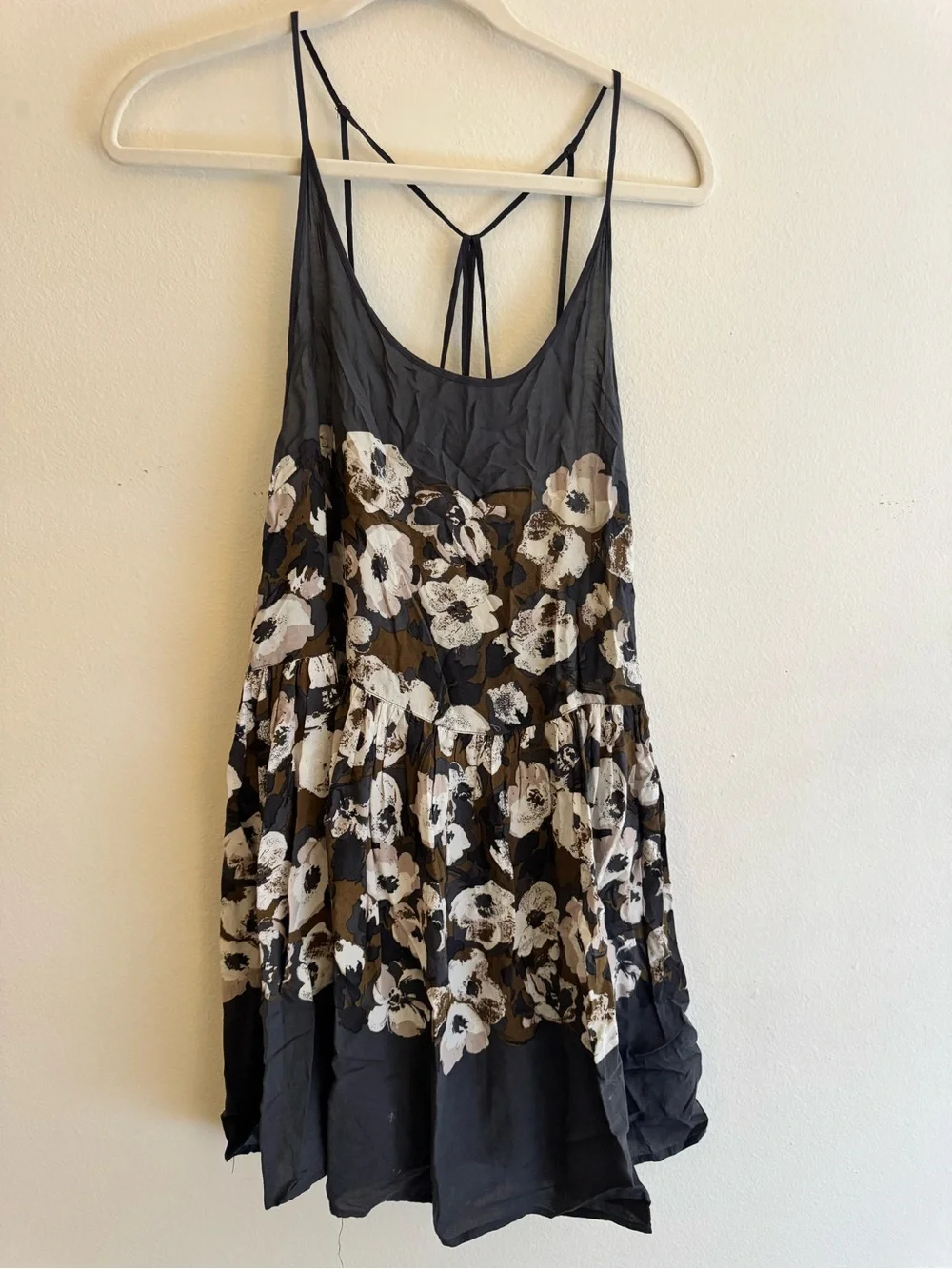 Free People Gray Floral Tiered Spaghetti-Strap Tunic Dress